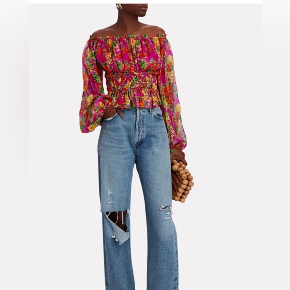 CAROLINE CONSTAS
Sage Off-The-Shoulder Floral Silk Top